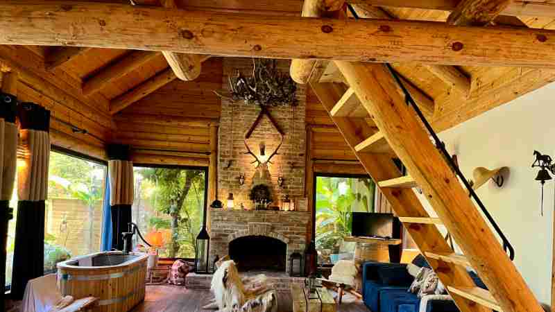A stunning rustic living room with natural wood finishes, a cozy fireplace, and a wooden bathtub, blending modern rustic design with a relaxed bohemian touch. - , tags: architektur und - unsplash